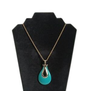 Vintage Sarah Coventry Signed Triple Treat Teal Teardrop Gold Toned Necklace
